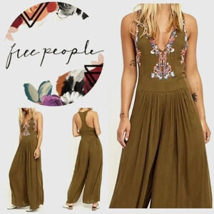 Free People Amalfi Embroidered Sleeveless Jumpsuit in Olive Green US 2